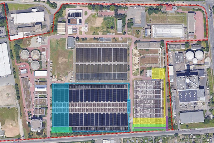 Site map of the Niederrad WWTP with the areas of secondary treatment expansion highlighted in color. (Source: SEF Tender Documents)